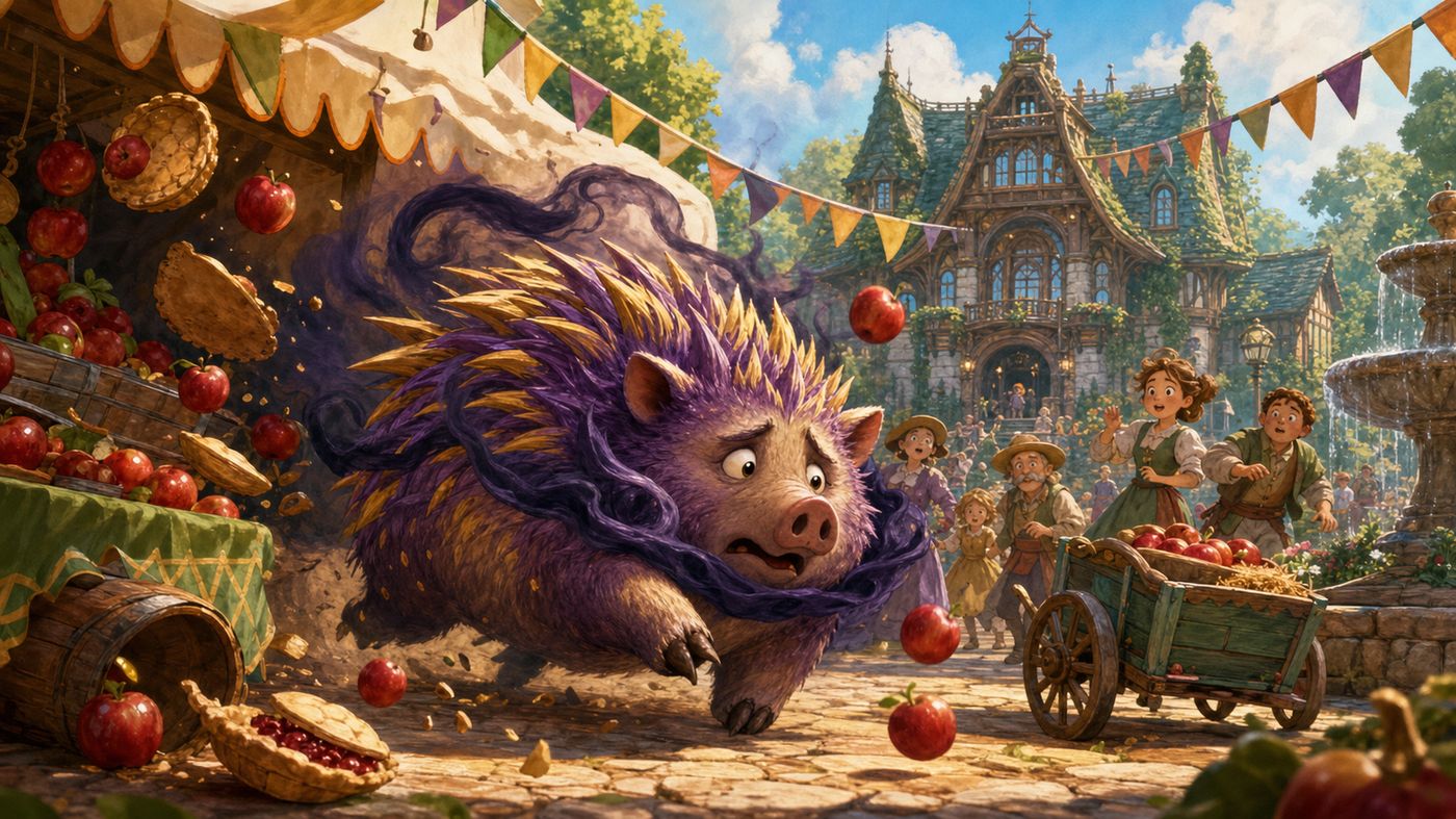 Storybook art: Brambletusk the thornhog crashes through the Trial Day festival, apples flying