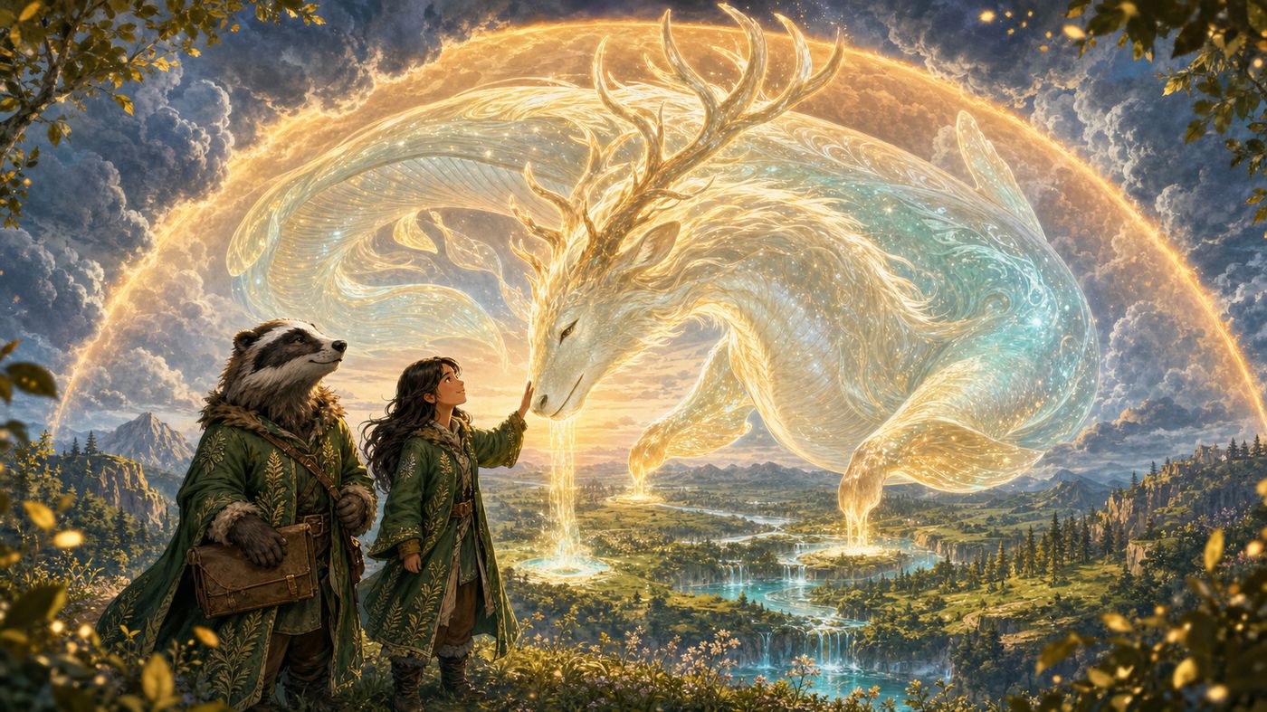 The Dawnbeast — part stag, part whale, made of sunrise — in the valley's memory
