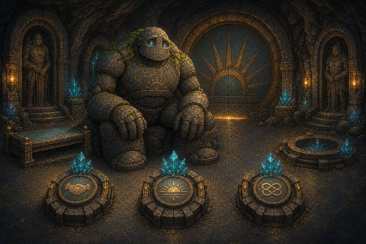Grummel the stone golem warming two cups of cocoa in his hands